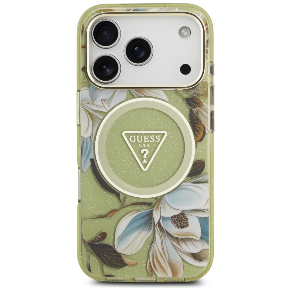 Husa pentru iPhone 17 Pro, IML Flowers with Pearl Strap MagSafe, Guess - Verde - 1 | YEO