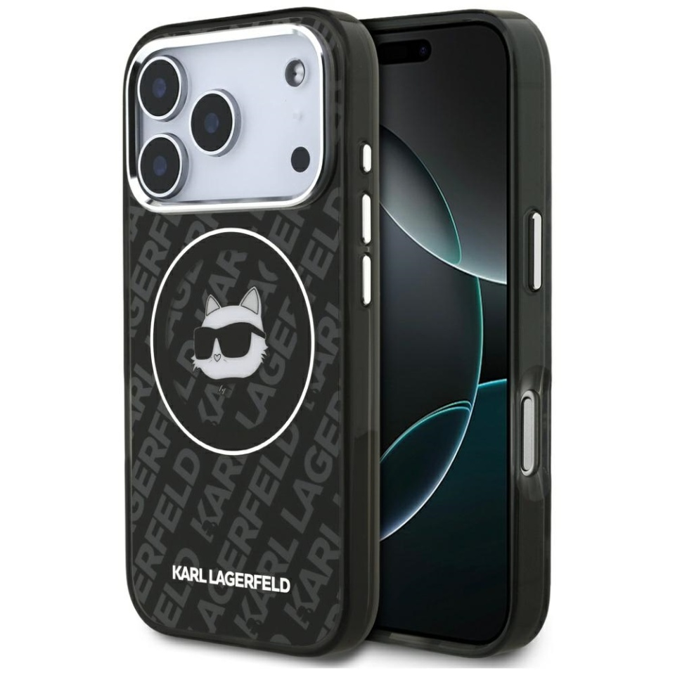 Husa pentru iPhone 17 Pro, IML Glitter K&C Heads Logo MagSafe, Clear Mono Karl&Choupette
