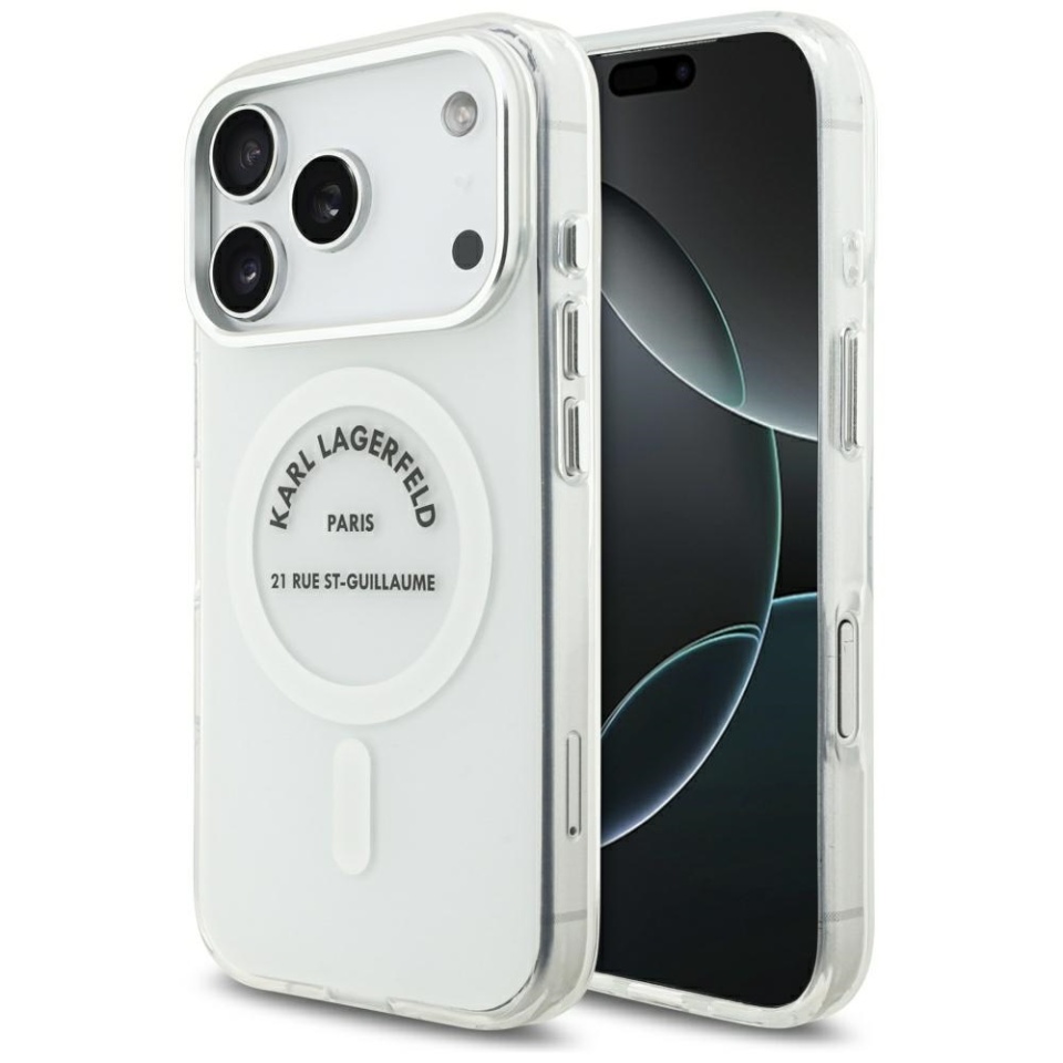 Husa pentru iPhone 17 Pro, IML Glitter K&C Heads Logo MagSafe, Clear Mono Karl&Choupette