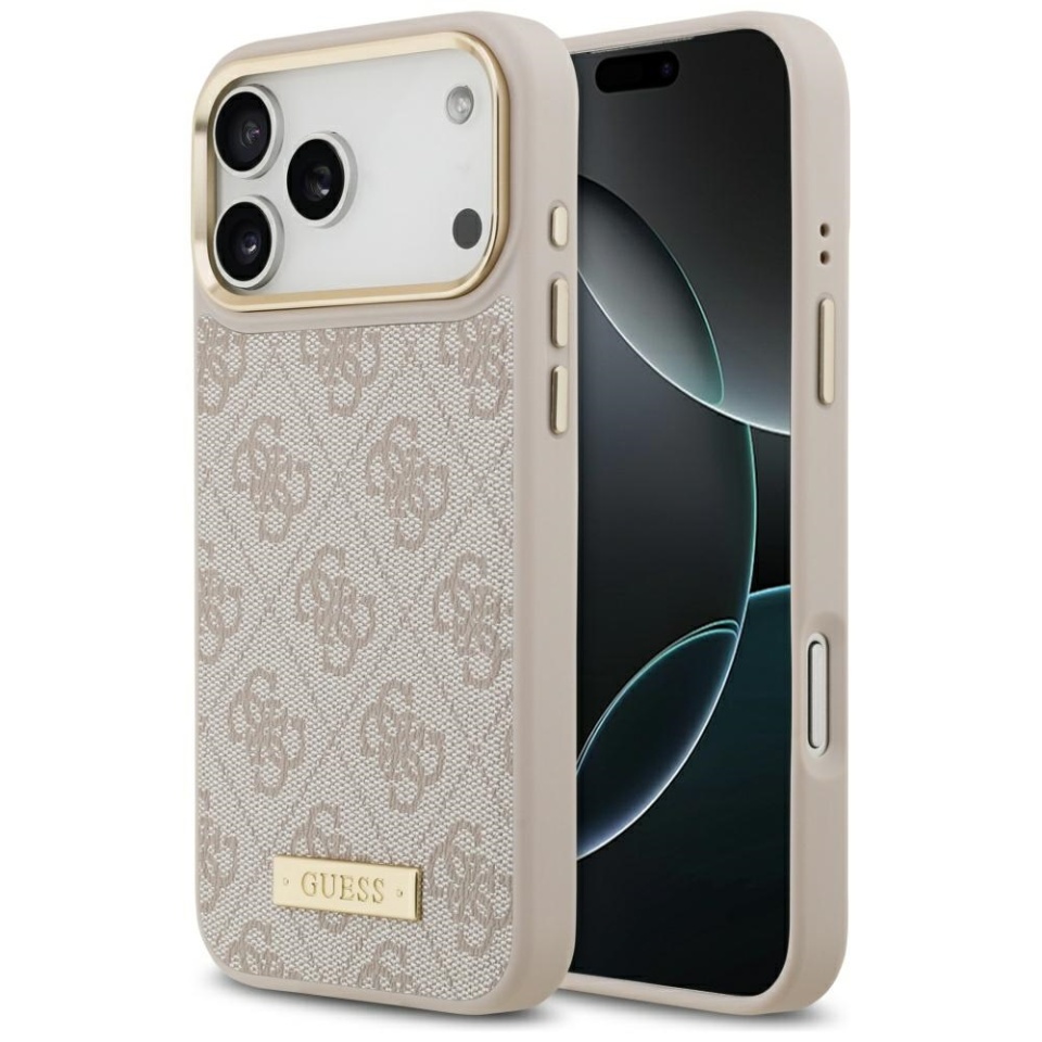Husa pentru iPhone 17 Pro Max, Guess, Hardcase 4G Logo Plate MagSafe, Roz