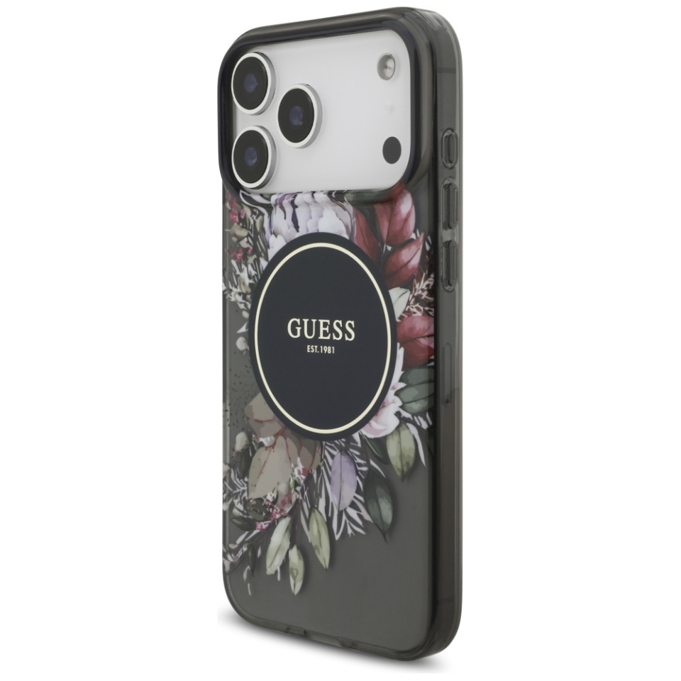 Husa pentru iPhone 17 Pro Max, IML Flowers with Pearl Strap MagSafe, Guess - Negru - 3 | YEO