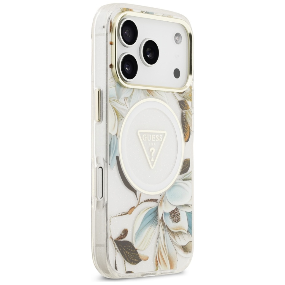 Husa pentru iPhone 17 Pro Max, IML Flowers with Pearl Strap MagSafe, Guess - Alb - 2 | YEO