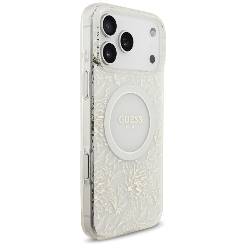 Husa pentru iPhone 17 Pro Max, IML Flowers with Pearl Strap MagSafe, Guess - Negru - 1 | YEO