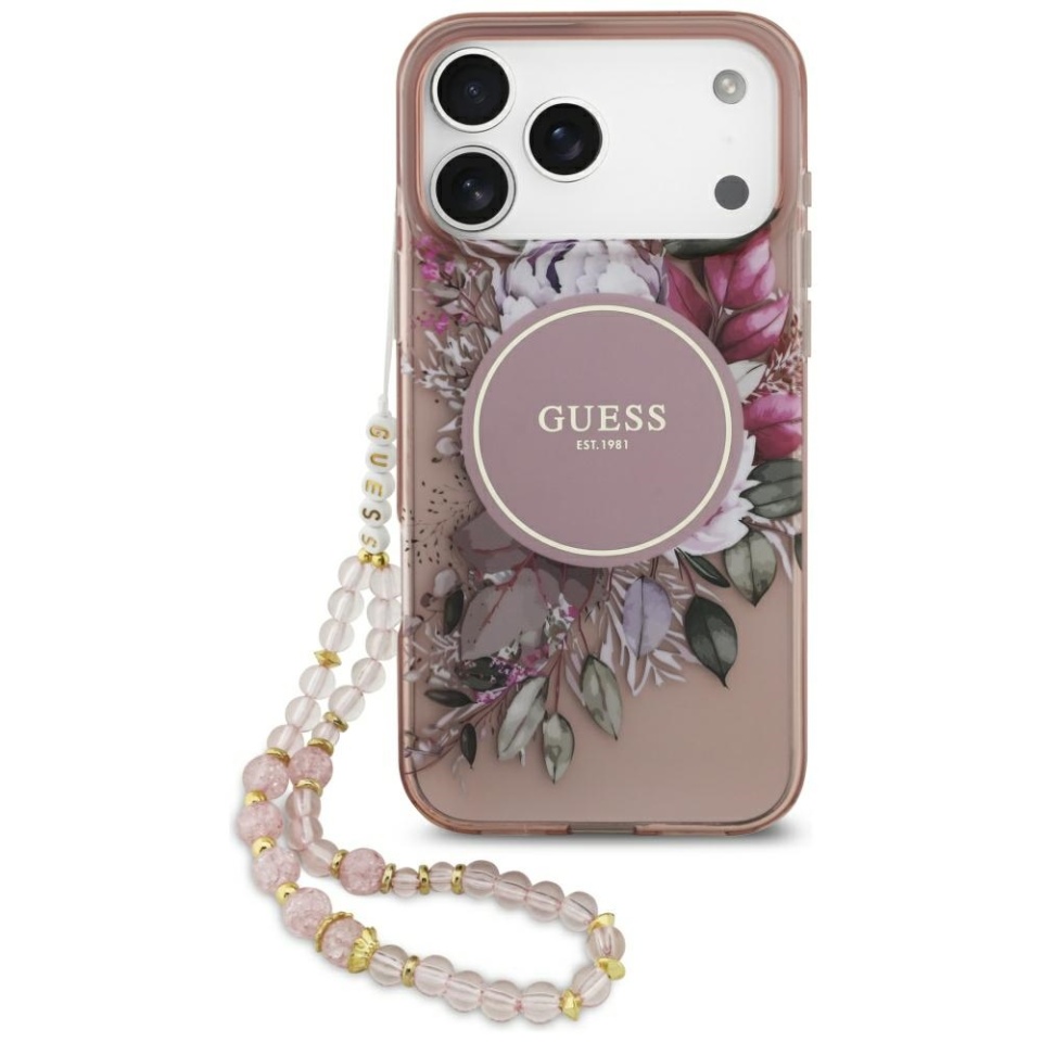Husa pentru iPhone 17 Pro Max, IML Flowers with Pearl Strap MagSafe, Guess - Roz
