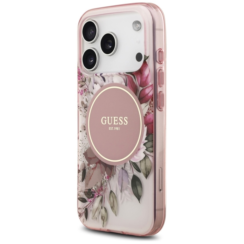 Husa pentru iPhone 17 Pro Max, IML Flowers with Pearl Strap MagSafe, Guess - Roz - 2 | YEO