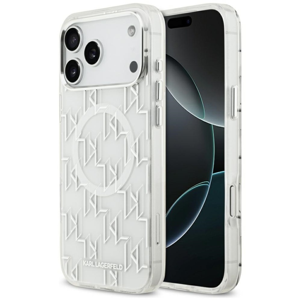 Husa pentru iPhone 17 Pro Max, IML Glitter K&C Heads Logo MagSafe, Clear Mono Karl&Choupette