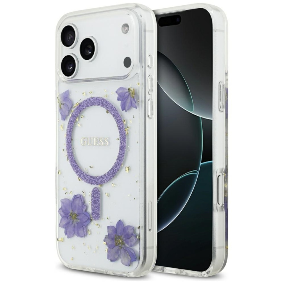 Husa pentru iPhone 17 Pro Max, Resin Flowers and Glitter MagSafe, Guess - Mov