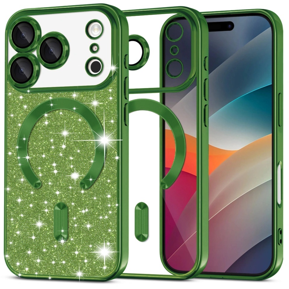 Husa pentru iPhone 17 Pro Max, SKYDDAR INNOVATION, Luxury Glitter Magsafe, Antisoc, Fundal Detasabil 2-in-1, Margini Ridicate, set cu sticker, Verde