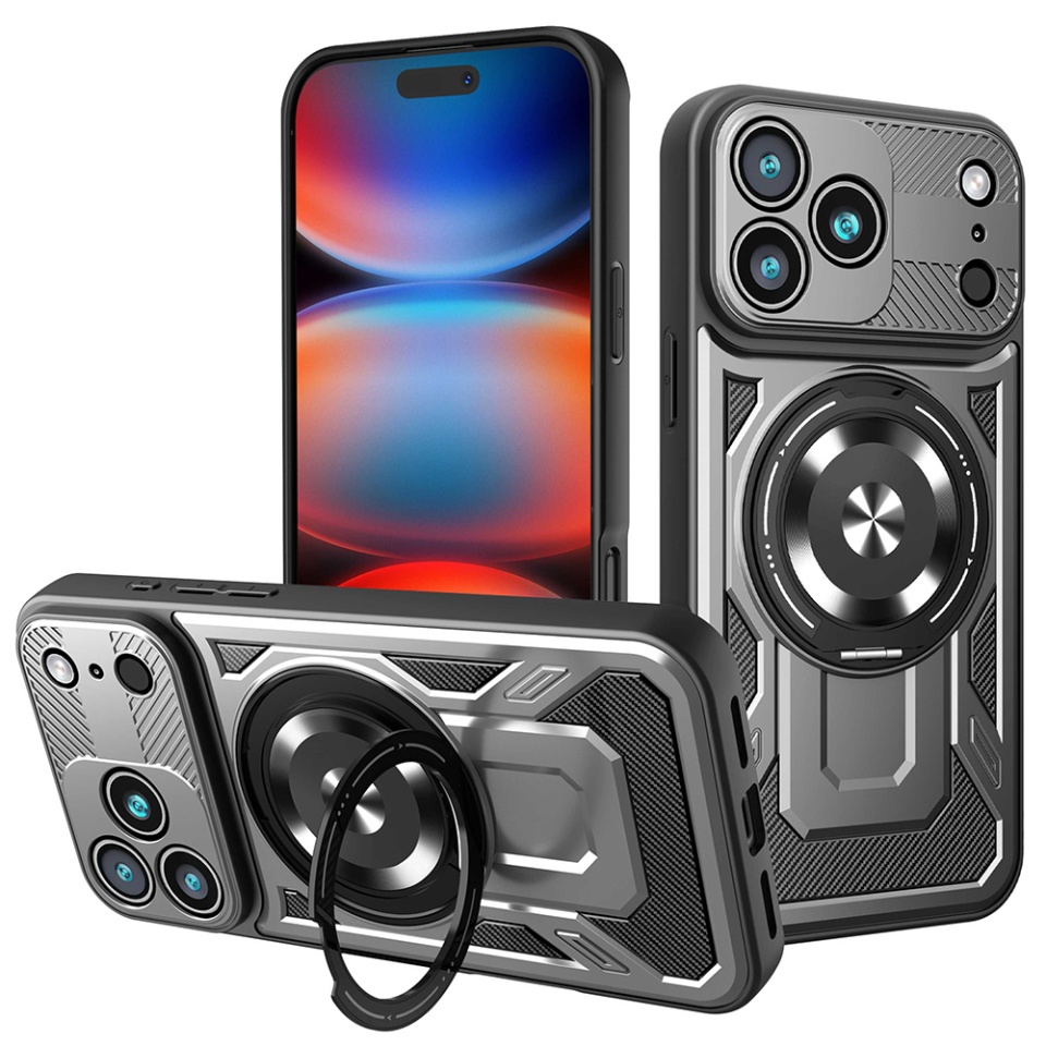Husa pentru iPhone 17 Pro Max, SKYDDAR INNOVATION, RuggedCam, Inel magnetic antisoc, set cu sticker, Gri