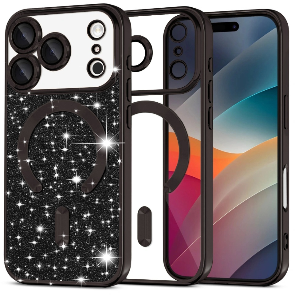 Husa pentru iPhone 17 Pro, SKYDDAR INNOVATION, Luxury Glitter Magsafe, Antisoc, Fundal Detasabil 2-in-1, Margini Ridicate, set cu sticker, Negru