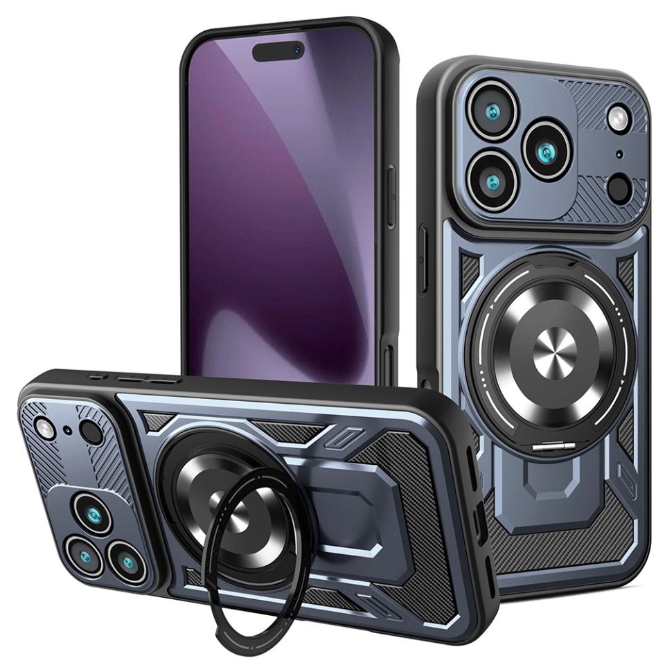 Husa pentru iPhone 17 Pro, SKYDDAR INNOVATION, RuggedCam, Inel magnetic antisoc, set cu sticker, Albastru