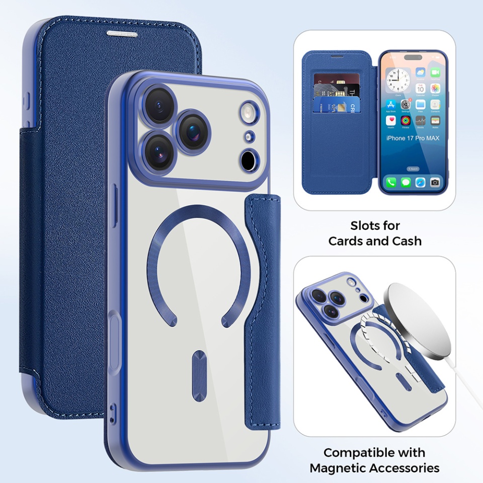 Husa pentru iPhone 17 Pro tip carte, SKYDDAR INOVATION, SmartMag Book, Magsafe, RFiD, Suport Carduri, set cu sticker, Albastru - 2 | YEO