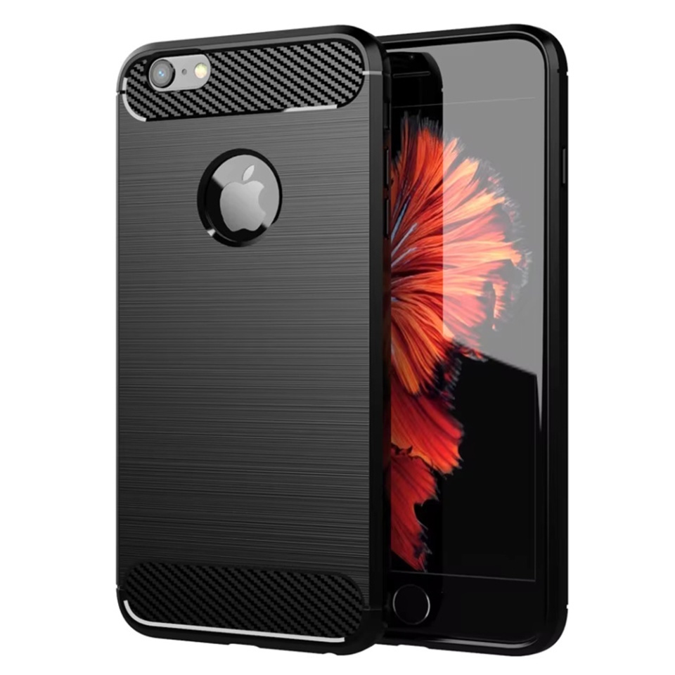 Husa pentru iPhone 6 Plus/ 6s Plus, SKYDDAR INNOVATION, Carbon Silicone, din Silicon Slim, cu textura Fibra Carbon, set cu sticker, Negru
