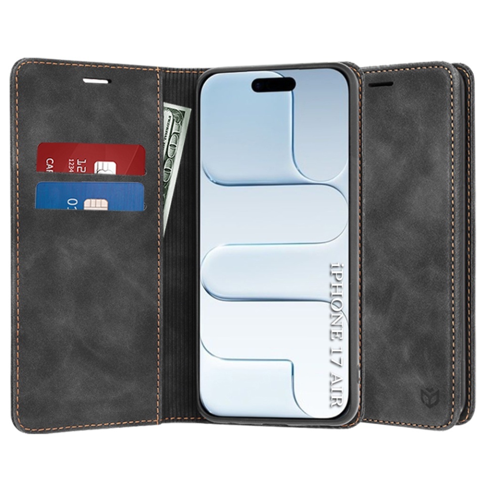 Husa pentru iPhone Air, SKYDDAR INNOVATION, Confy Cover tip Carte din piele Eco Premium, cu Portofel Interior, set cu sticker, Negru