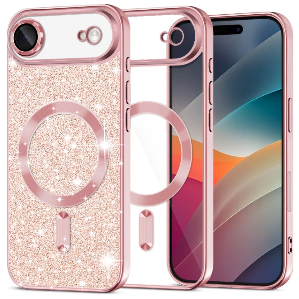 Husa pentru iPhone Air, SKYDDAR INNOVATION, Luxury Glitter Magsafe, Antisoc, Fundal Detasabil 2-in-1, Margini Ridicate, set cu sticker, Roz auriu