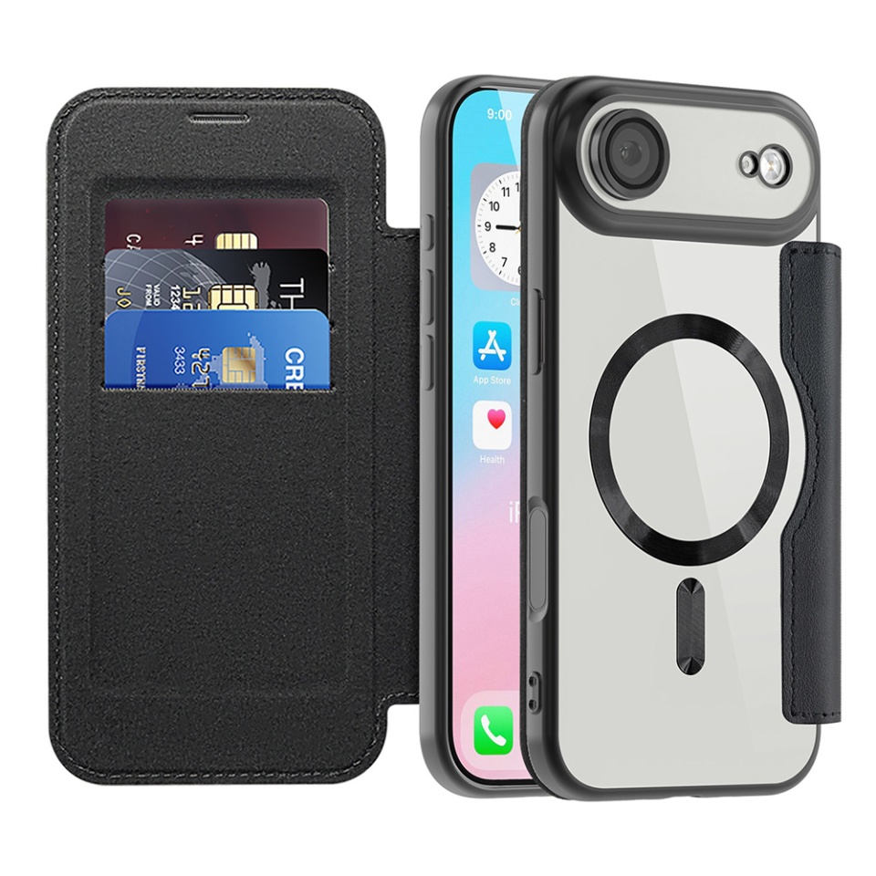 Husa pentru iPhone Air tip carte, SKYDDAR INOVATION, SmartMag Book, Magsafe, RFiD, Suport Carduri, set cu sticker, Negru