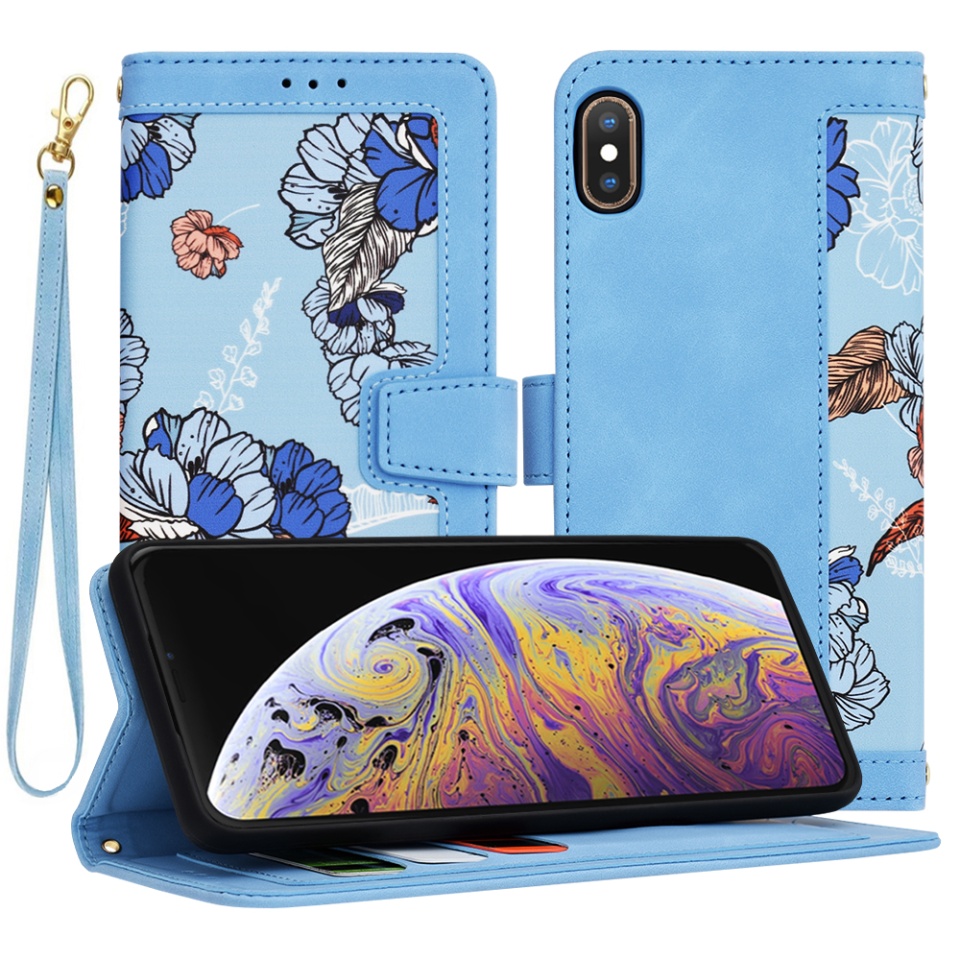 Husa pentru iPhone XS Max din Piele Ecologică cu Design Floral, Protecție 360°, Stand Integrat, Buzunare pentru Carduri, SKDR Floral Wallet - Bleu