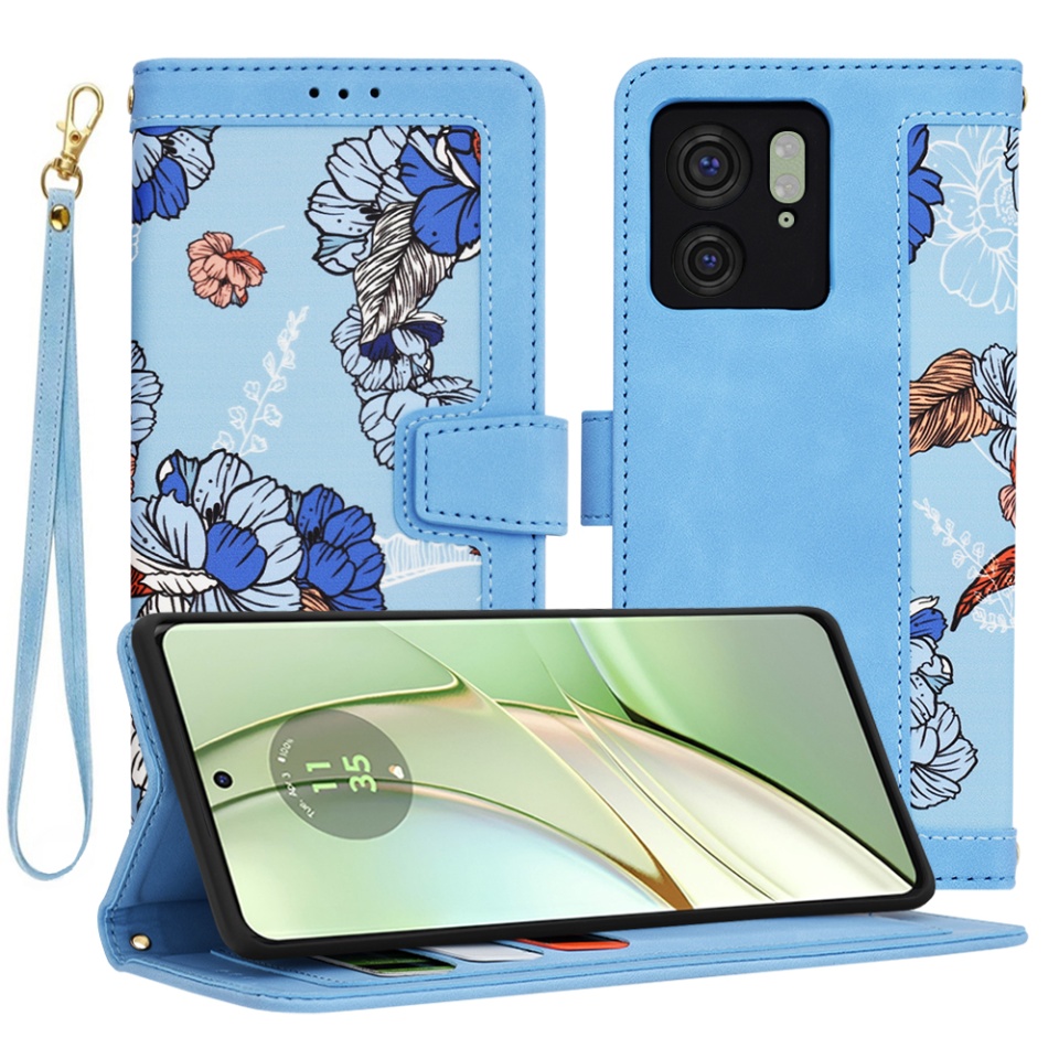 Husa pentru Motorola Edge 40 / Edge (2023) din Piele Ecologică cu Design Floral, Protecție 360°, Stand Integrat, Buzunare pentru Carduri, SKDR Floral Wallet - Bleu