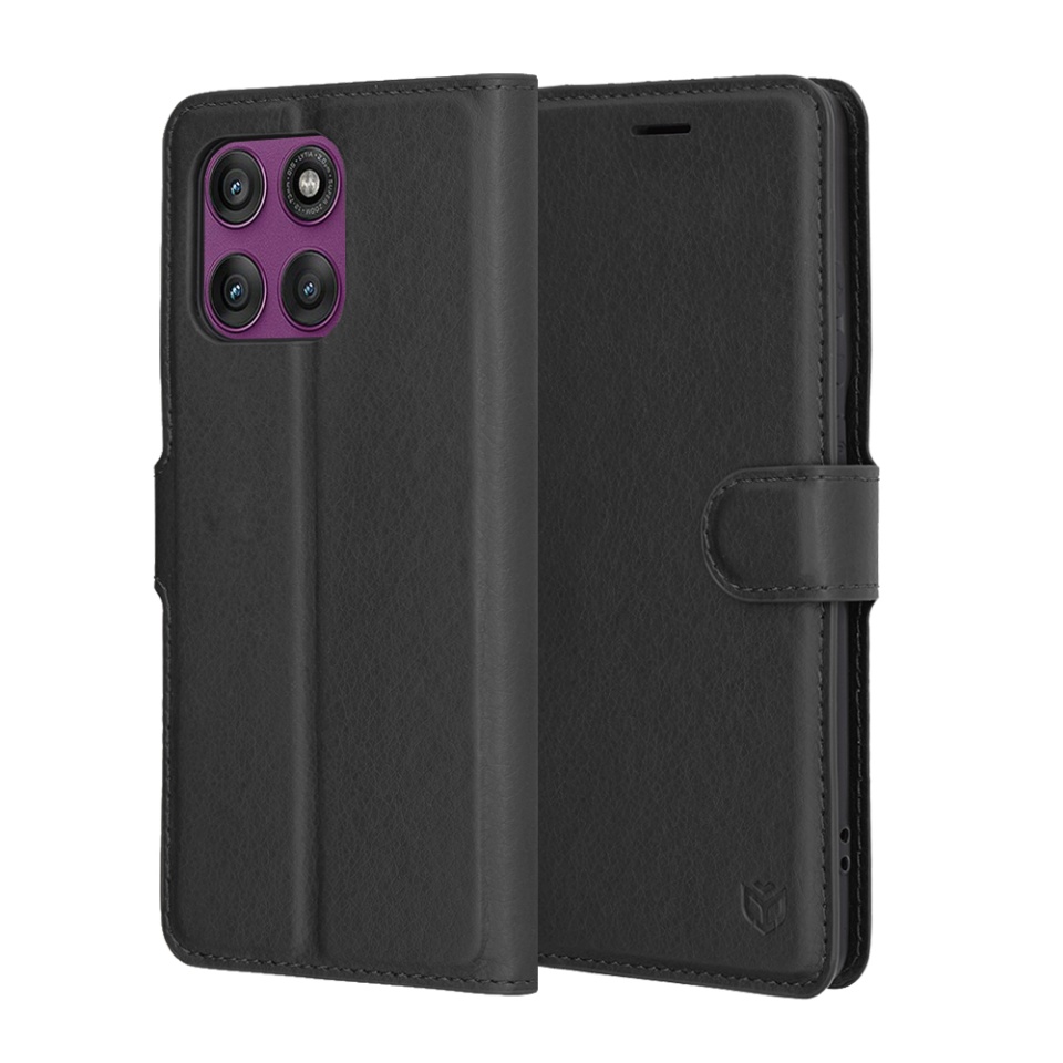 Husa pentru Motorola Edge 60 Pro, SKYDDAR INNOVATION, Leather Folio, tip Carte, cu Portofel Interior, Finisaje Premium, Negru, set cu sticker