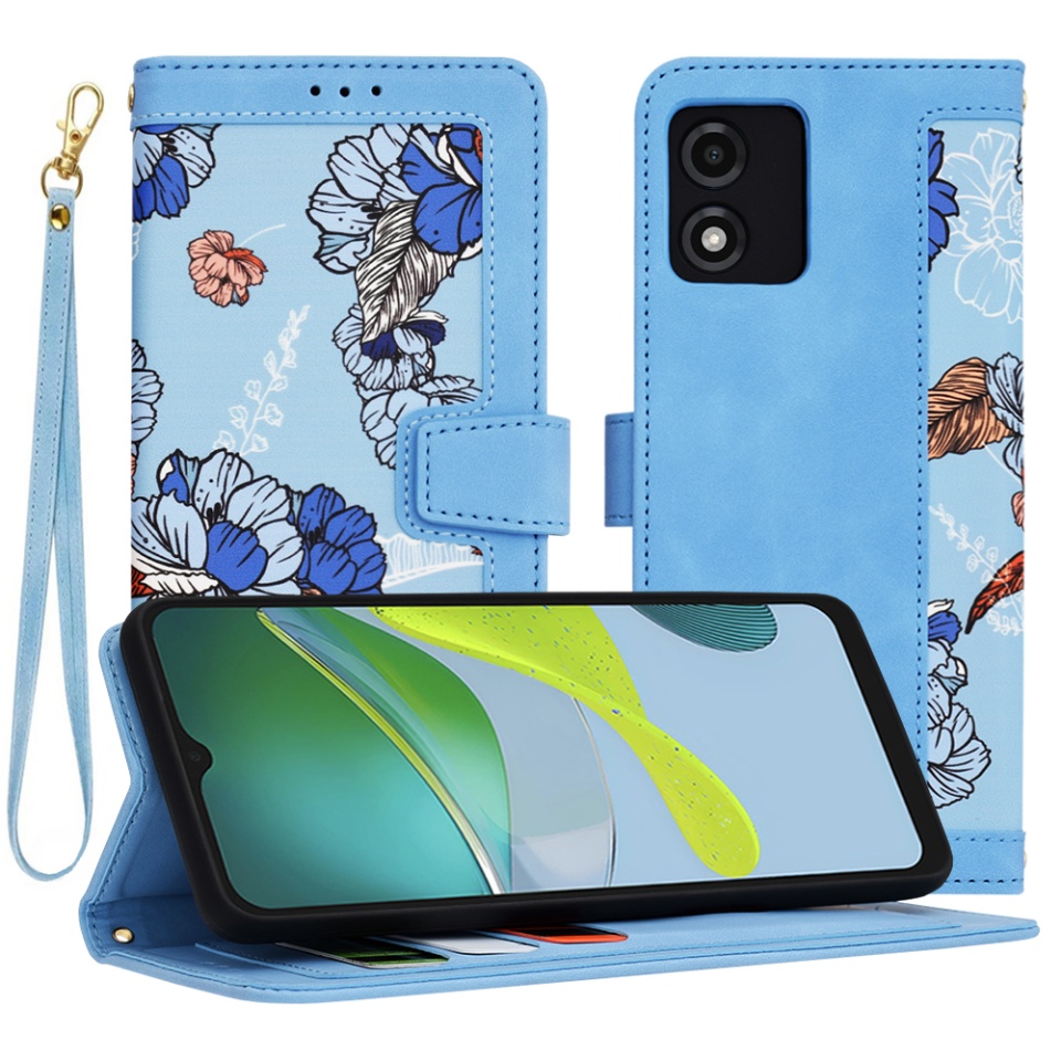 Husa pentru Motorola Moto E13 din Piele Ecologică cu Design Floral, Protecție 360°, Stand Integrat, Buzunare pentru Carduri, SKDR Floral Wallet - Bleu