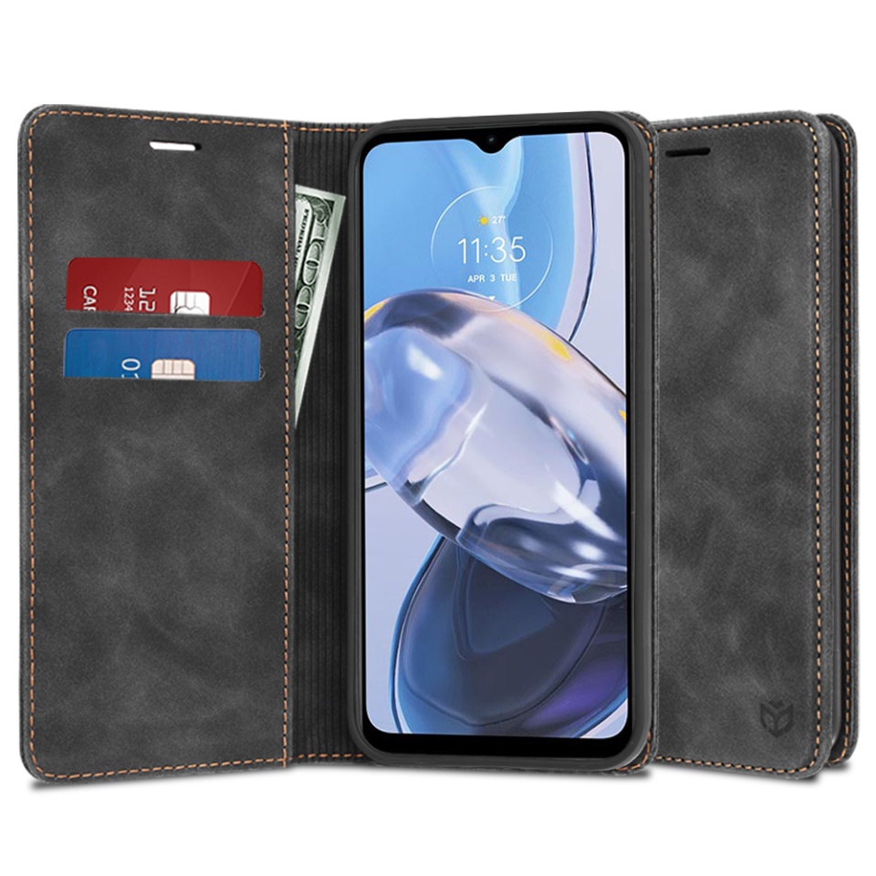 Husa pentru Motorola Moto E22 / Moto E22i, SKYDDAR INNOVATION, Soft Wallet, tip Carte din piele Eco Premium, cu Portofel Interior, Negru, set cu sticker