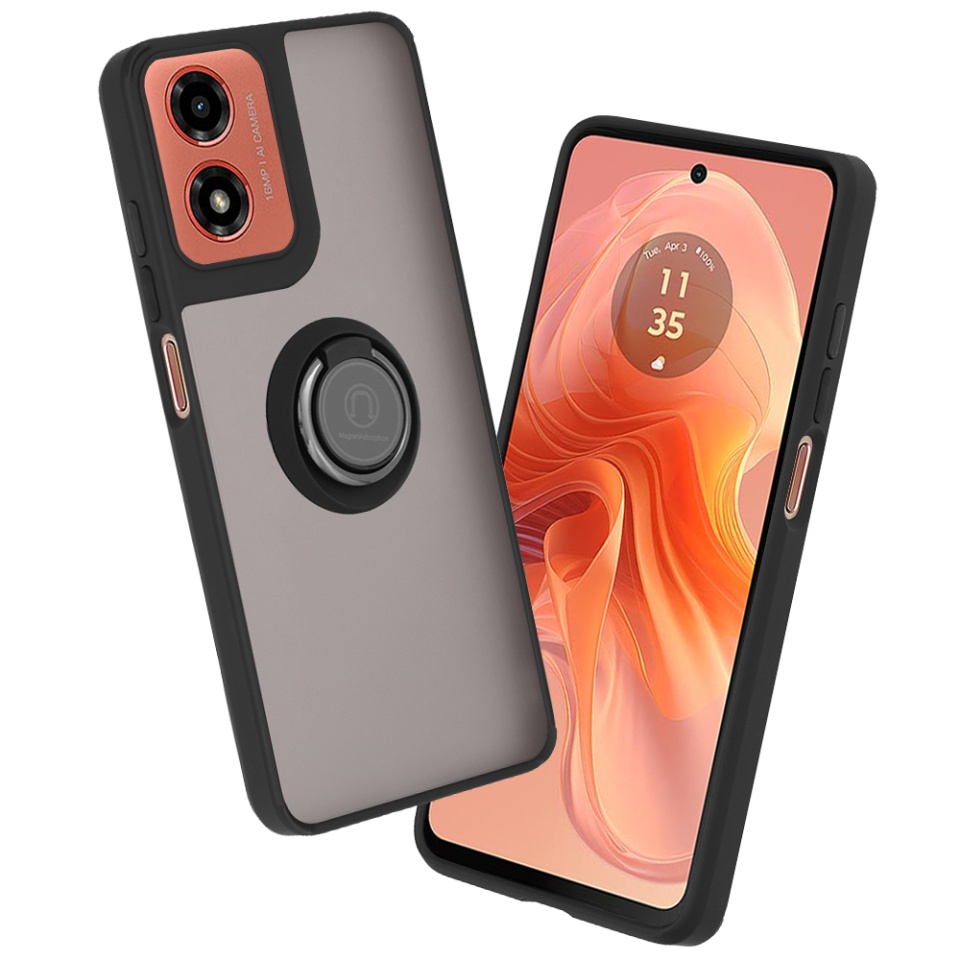 Husa pentru Motorola Moto G04 / Moto G24 / Moto G04s / Moto E14, SKYDDAR INNOVATION, Glinth cu Inel Rotativ 360° Magnetic, Negru, set cu sticker