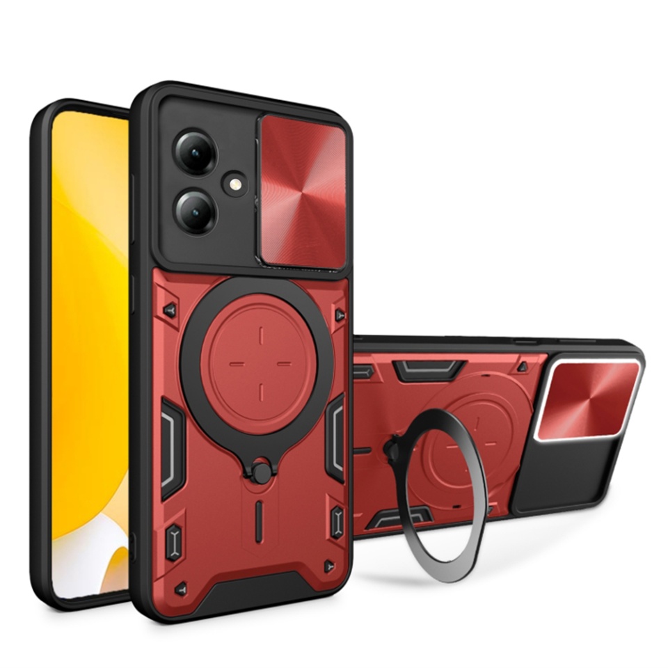 Husa pentru Motorola Moto G14, cu inel magnetic si suport ajustabil, protecție completa camera, SKDR SafeCover - Rosu