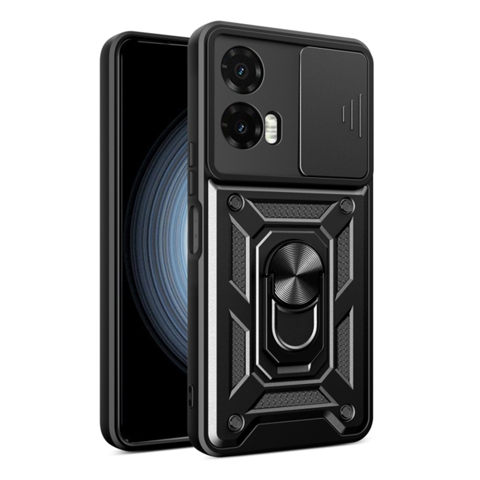 Husa pentru Motorola Moto G35, SKYDDAR INNOVATION, CamShield, Inel magnetic, set cu sticker, Negru