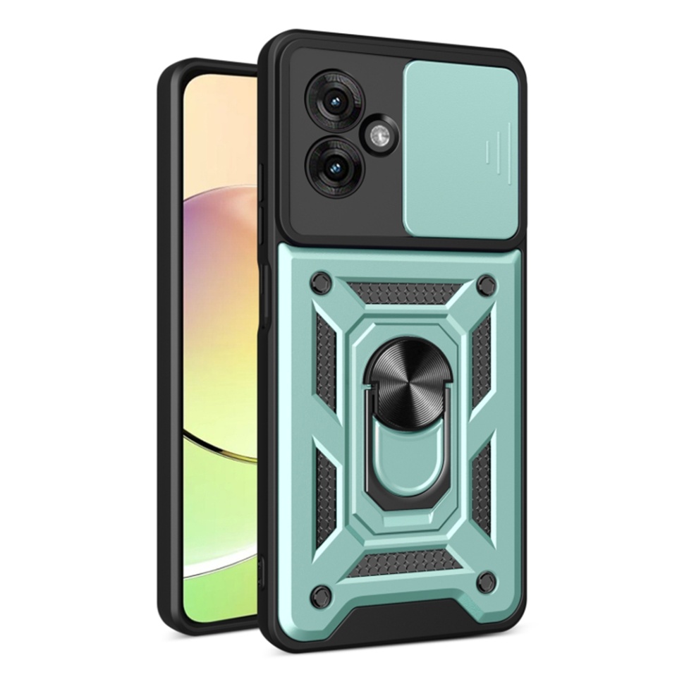 Husa pentru Motorola Moto G55, SKYDDAR INNOVATION, CamShield, Inel magnetic, set cu sticker, Verde