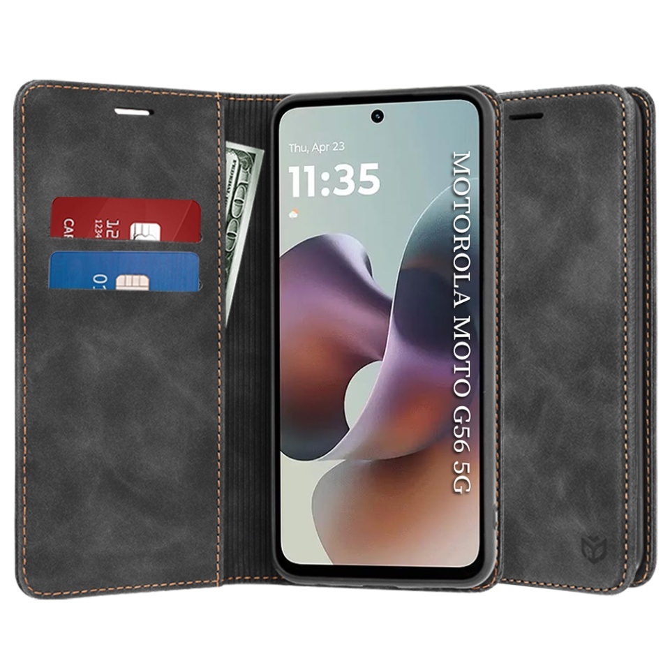 Husa pentru Motorola Moto G56, SKYDDAR INNOVATION, Confy Cover tip Carte din piele Eco Premium, cu Portofel Interior, set cu sticker, Negru