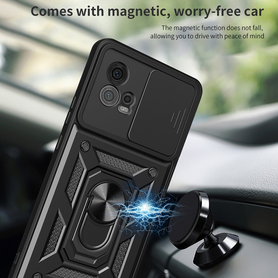 Husa pentru Motorola Moto G72, SKYDDAR INNOVATION, CamShield, Inel magnetic, set cu sticker, Negru - 3 | YEO