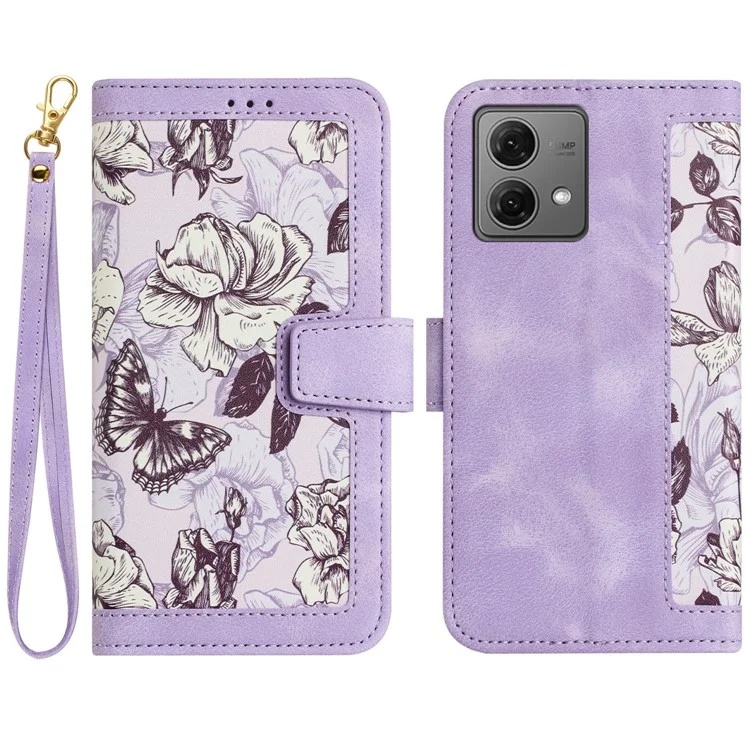 Husa pentru Motorola Moto G84 din Piele Ecologică cu Design Floral, Protecție 360°, Stand Integrat, Buzunare pentru Carduri, SKDR Floral Wallet - Mov