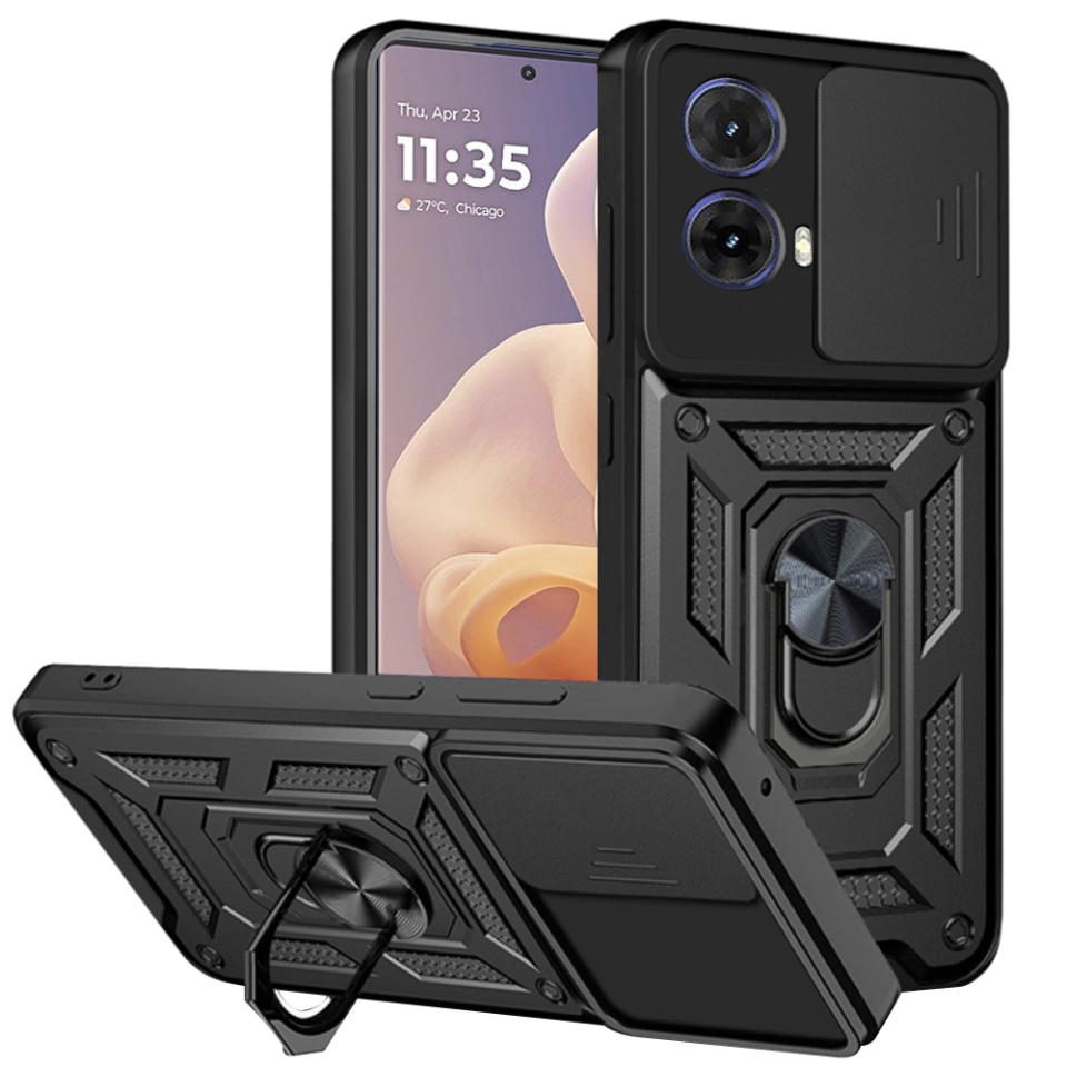 Husa pentru Motorola Moto G85, SKYDDAR INNOVATION, CamShield, Inel magnetic, set cu sticker, Negru