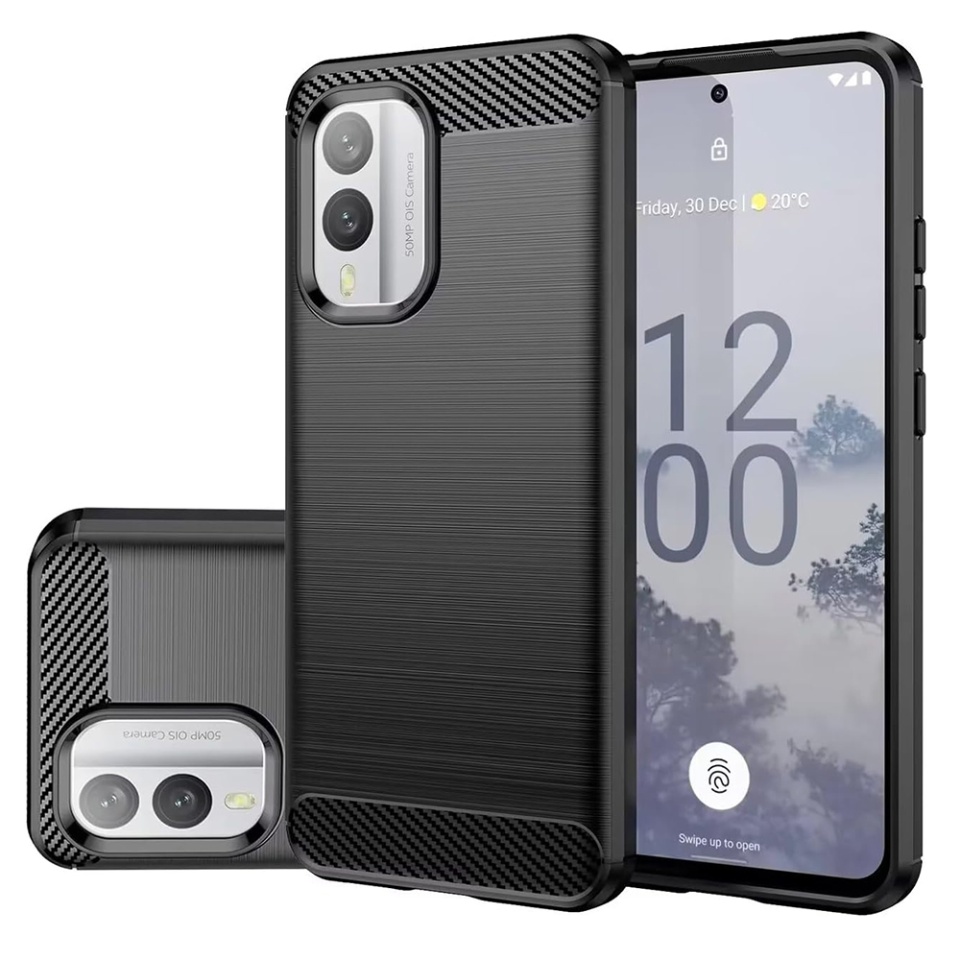 Husa pentru Nokia X30 din Silicon Premium, Slim, cu textura Fibra Carbon - Negru