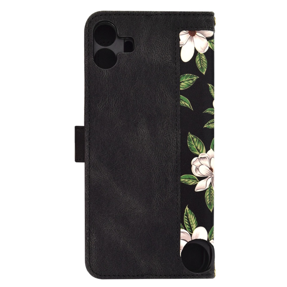 Husa pentru Nothing CMF Phone 1 din Piele Ecologică cu Design Floral, Protecție 360°, Stand Integrat, Buzunare pentru Carduri, SKDR Floral Wallet - Negru - 3 | YEO