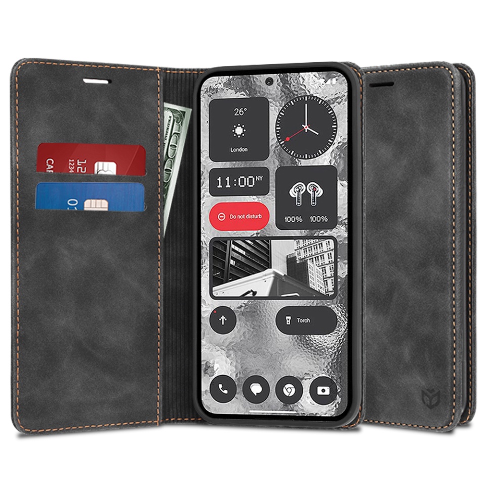 Husa pentru Nothing Phone (2), SKYDDAR INNOVATION, Soft Wallet, tip Carte din piele Eco Premium, cu Portofel Interior, Negru, set cu sticker