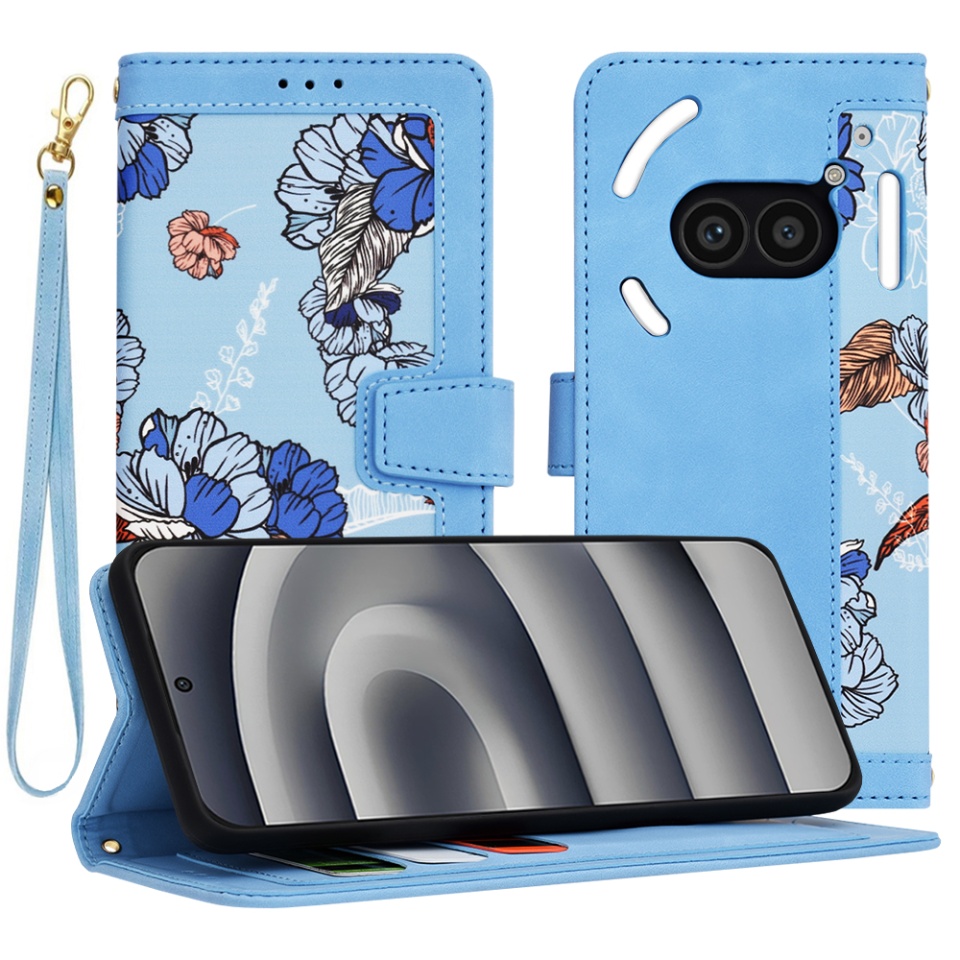 Husa pentru Nothing Phone (2a) din Piele Ecologică cu Design Floral, Protecție 360°, Stand Integrat, Buzunare pentru Carduri, SKDR Floral Wallet - Bleu