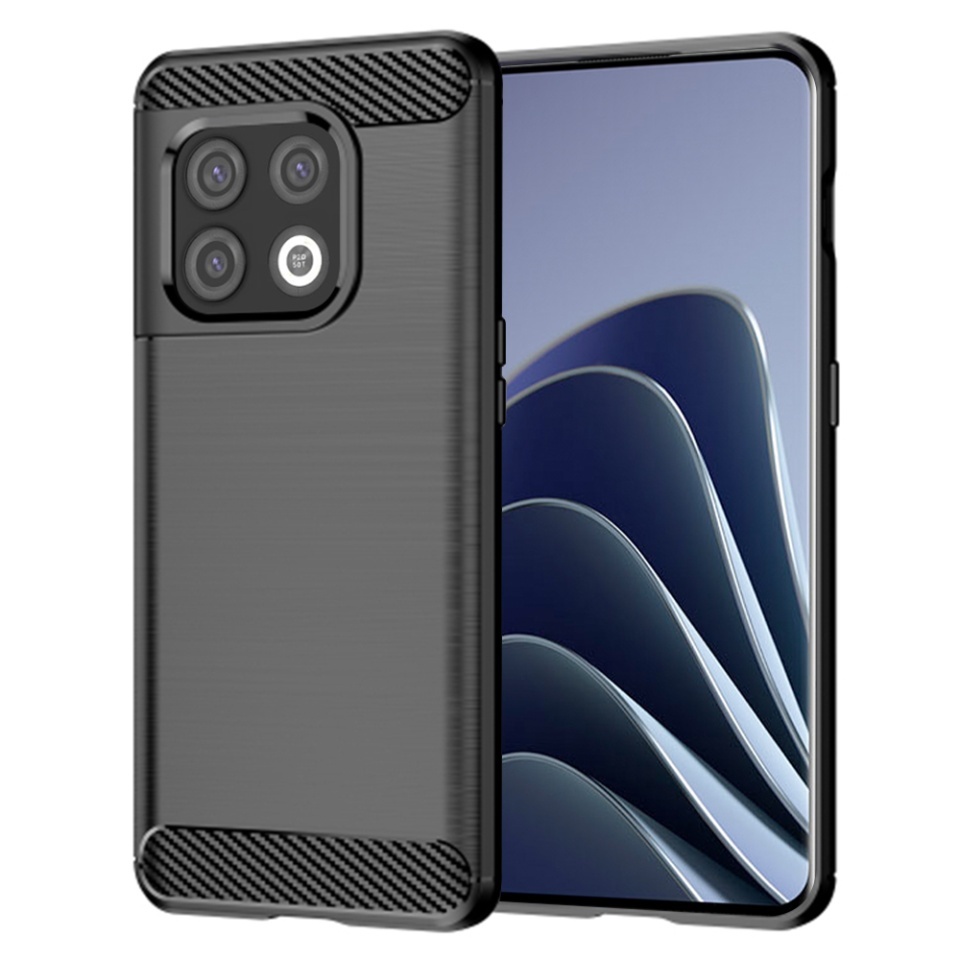 Husa pentru OnePlus 10 Pro, SKYDDAR INNOVATION, Carbon Silicone, din Silicon Slim, cu textura Fibra Carbon, set cu sticker, Negru