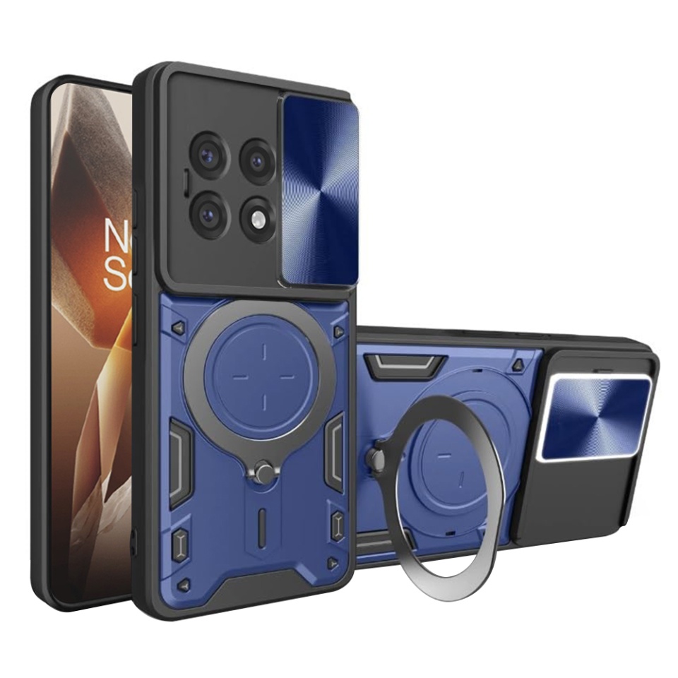 Husa pentru OnePlus 13R, cu inel magnetic si suport ajustabil, protectie completa camera, SafeCover cu sticker - Albastru