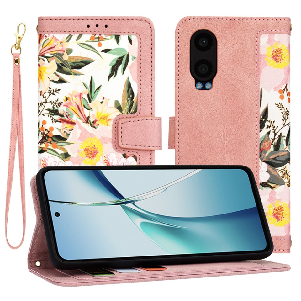 Husa pentru OnePlus Nord CE4 Lite din Piele Ecologică cu Design Floral, Protecție 360°, Stand Integrat, Buzunare pentru Carduri, SKDR Floral Wallet - Roz