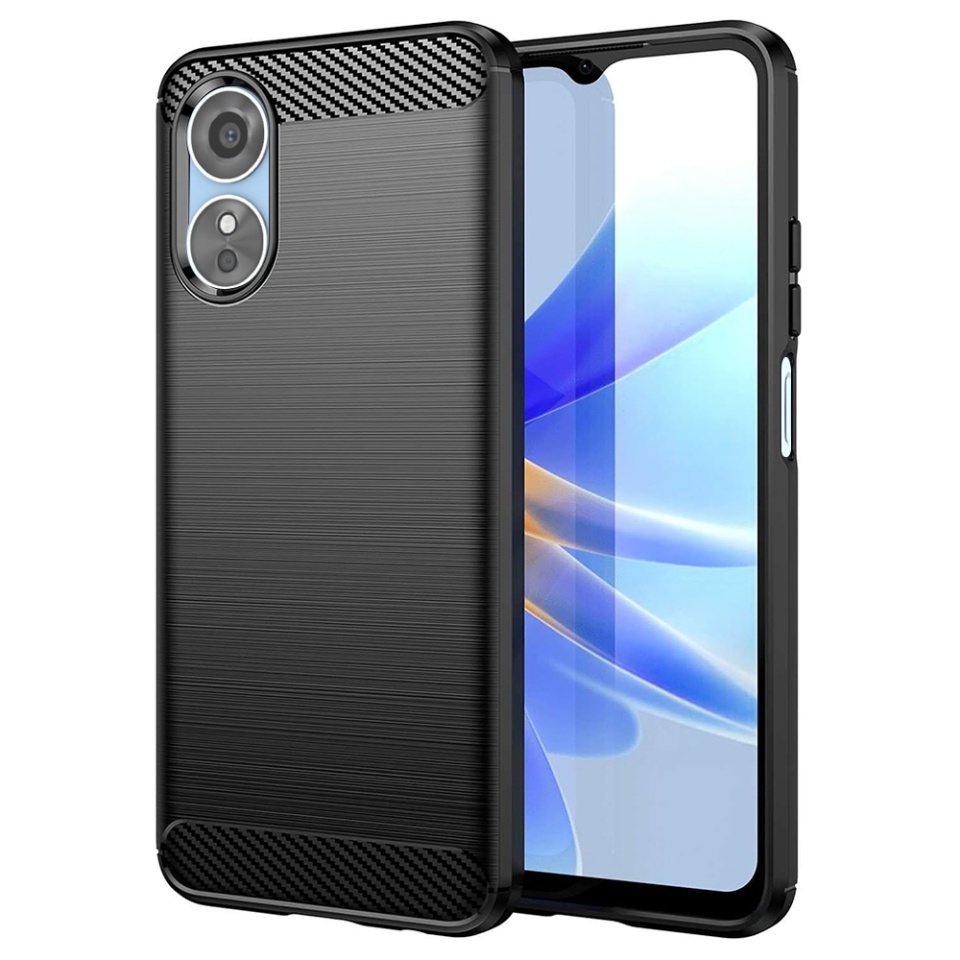 Husa pentru Oppo A17, SKYDDAR INNOVATION, Carbon Silicone, din Silicon Slim, cu textura Fibra Carbon, set cu sticker, Negru
