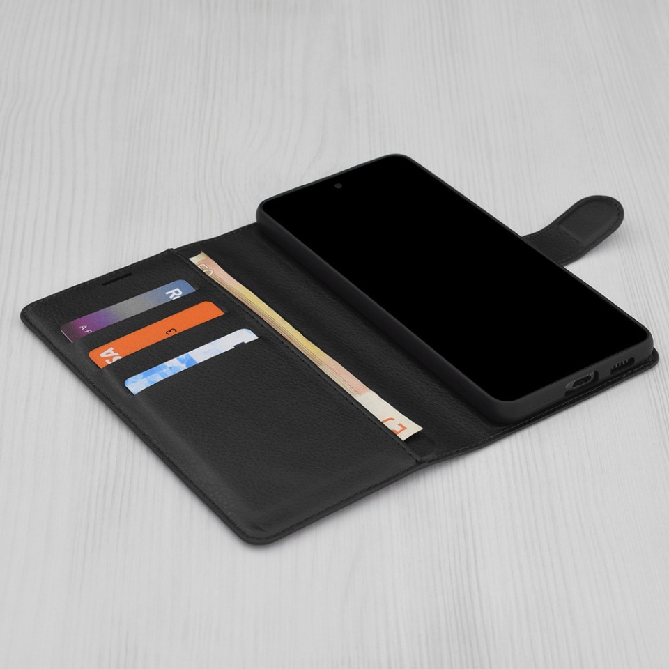 Husa pentru Oppo A5 Pro 5G / A5 Pro 4G, SKYDDAR INNOVATION, Leather Folio, tip Carte, cu Portofel Interior, Finisaje Premium, Negru, set cu sticker - 2 | YEO