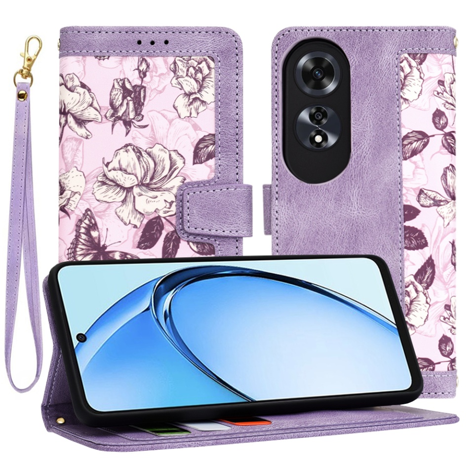 Husa pentru Oppo A60 din Piele Ecologică cu Design Floral, Protecție 360°, Stand Integrat, Buzunare pentru Carduri, SKDR Floral Wallet - Mov