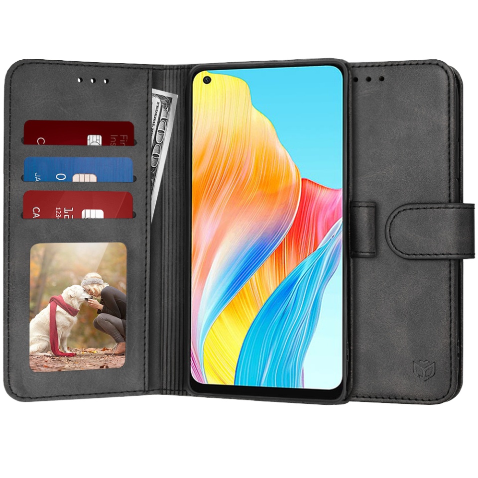 Husa pentru Oppo A78 4G, SKYDDAR INNOVATION, Diary Book, tip carte, cu Portofel Interior, Antisoc, Negru, set cu sticker