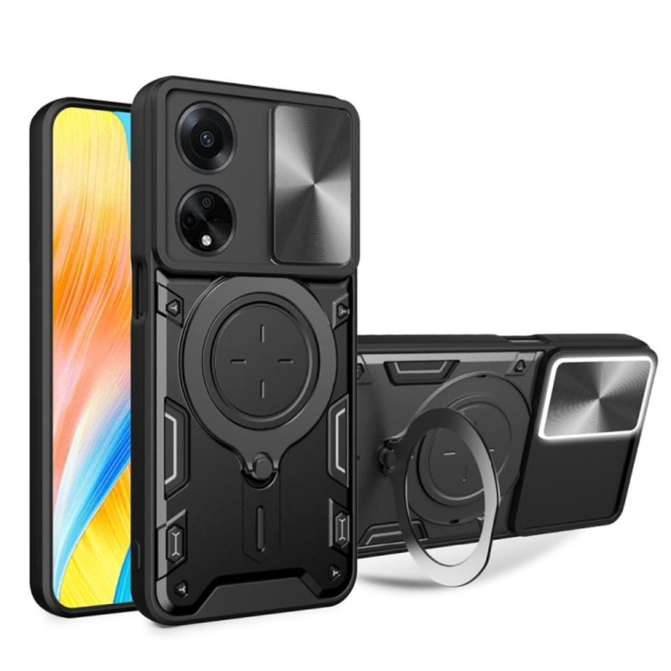 Husa pentru Oppo A98 5G, cu inel magnetic si suport ajustabil, protecție completa camera, SKDR SafeCover - Negru