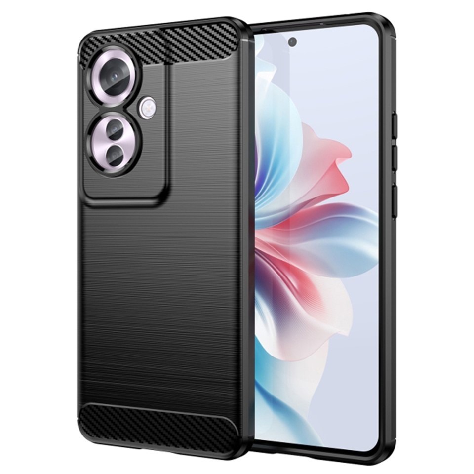 Husa pentru Oppo Reno11 F, SKYDDAR INNOVATION, Carbon Silicone, din Silicon Slim, cu textura Fibra Carbon, set cu sticker, Negru
