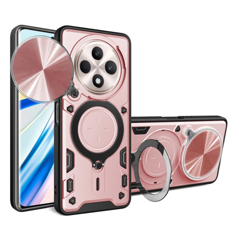 Husa pentru Oppo Reno12 F / Reno12 FS, cu inel magnetic si suport ajustabil, protectie completa camera, SKDR SafeCover - Roz auriu