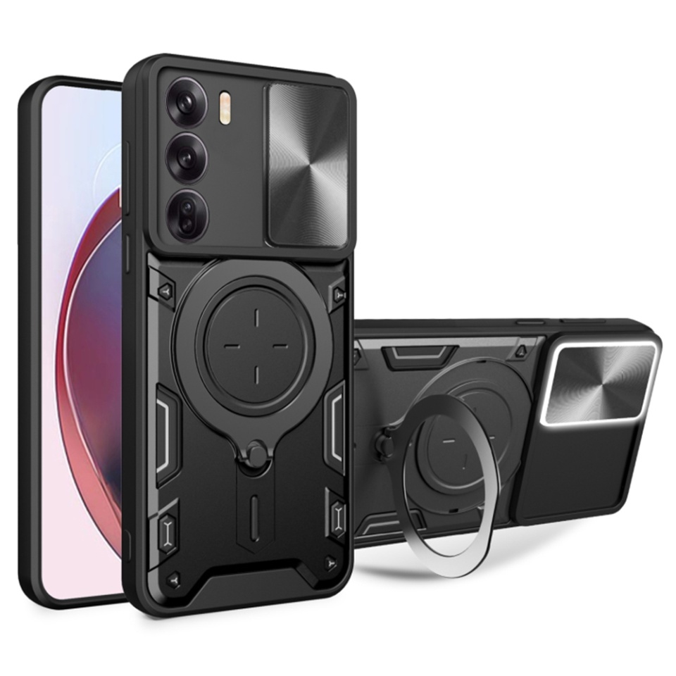 Husa pentru Oppo Reno12 Pro, cu inel magnetic si suport ajustabil, protectie completa camera, SKDR SafeCover - Negru