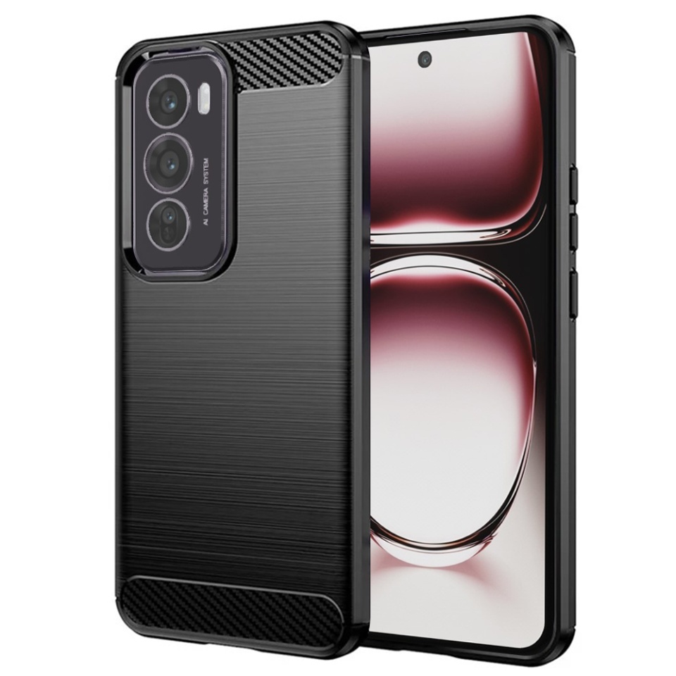 Husa pentru Oppo Reno12 Pro, SKYDDAR INNOVATION, Carbon Silicone, din Silicon Slim, cu textura Fibra Carbon, set cu sticker, Negru