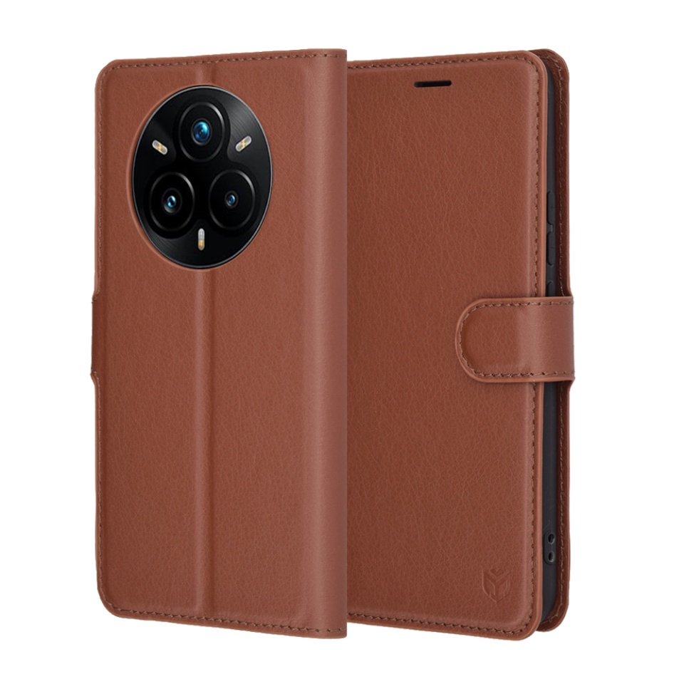 Husa pentru Realme 14 Pro+, SKYDDAR INNOVATION, Leather Wallet, tip Carte cu Portofel Interior, Finisaje Premium, set cu sticker, Maro